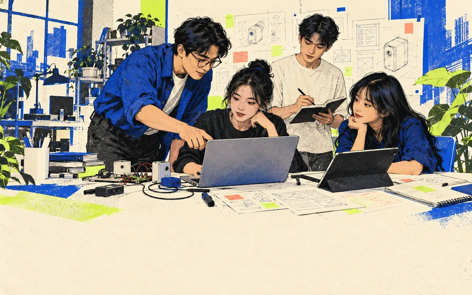 Concept illustration of Labcom members testing a prototype with a mentor