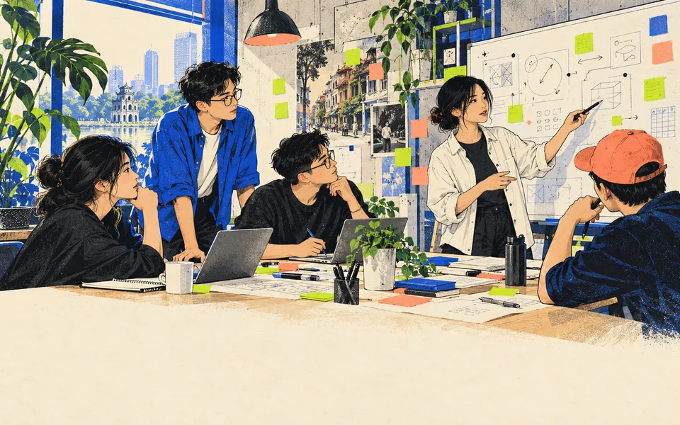 Concept illustration of a Labcom workshop and mentor-member discussion